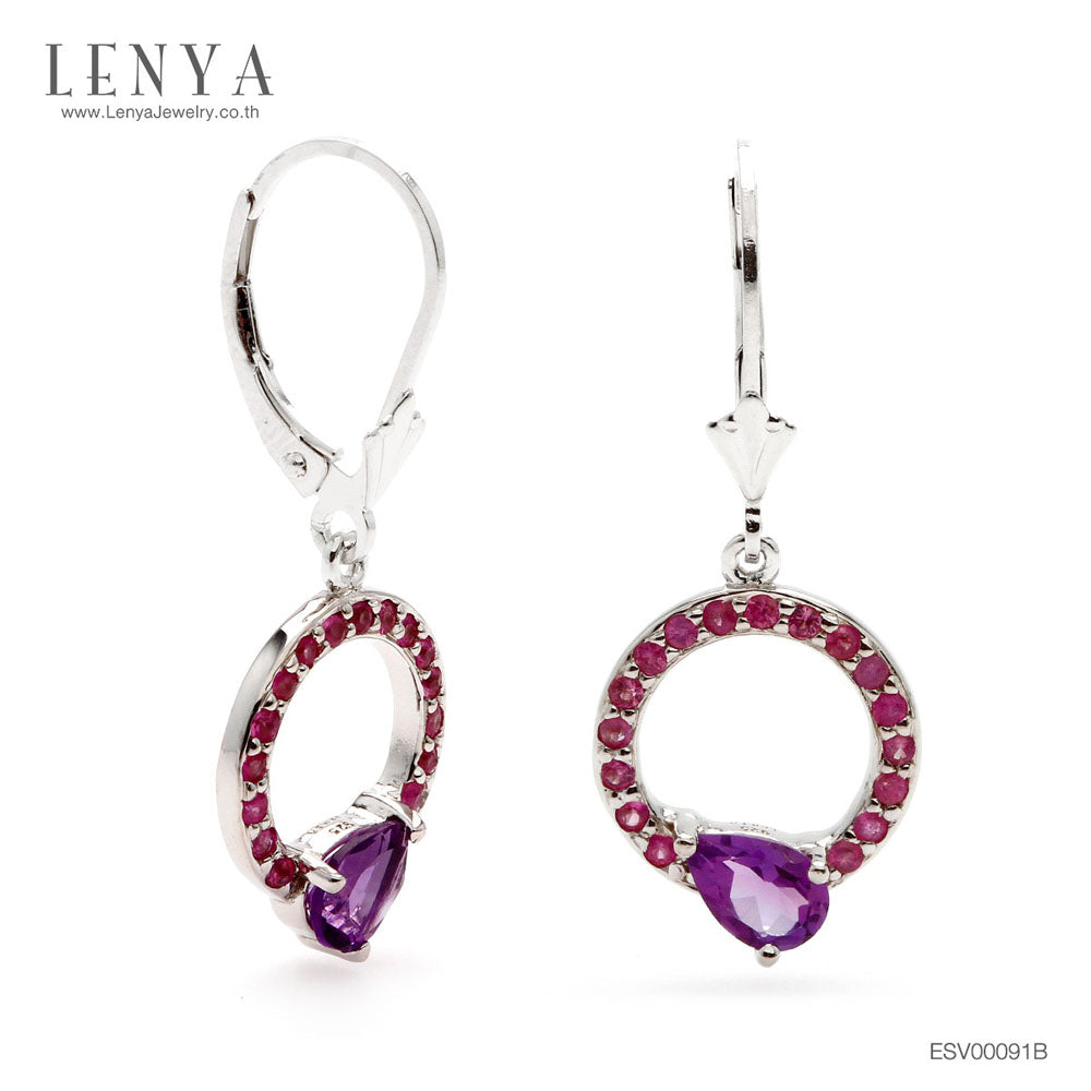 LENYA ต่างหูพลอยอเมทิสต์ เสริมความสงบใจ มีสติ มั่งคั่ง ขนาด 6x4 มิล ตัวเรือนเงินแท้925 ชุบทองคำขาว