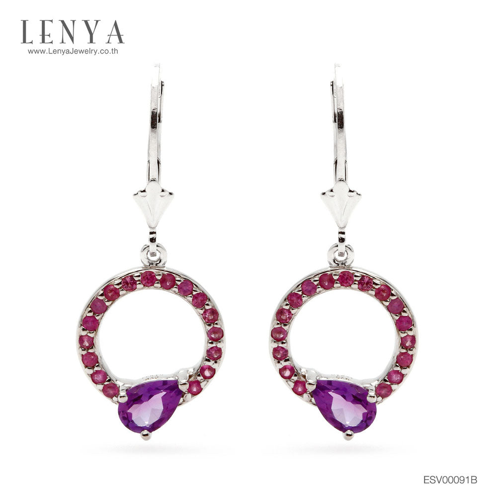 LENYA ต่างหูพลอยอเมทิสต์ เสริมความสงบใจ มีสติ มั่งคั่ง ขนาด 6x4 มิล ตัวเรือนเงินแท้925 ชุบทองคำขาว