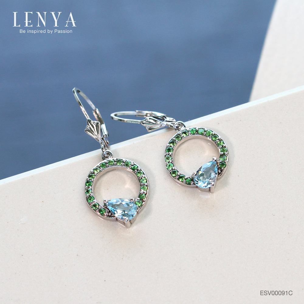 LENYA ต่างหูพลอยบลูโทแพซ เสริมความมั่นใจ ชัดเจน ปัญญา ขนาด 6x4 มิล ตัวเรือนเงินแท้925 ชุบทองคำขาว