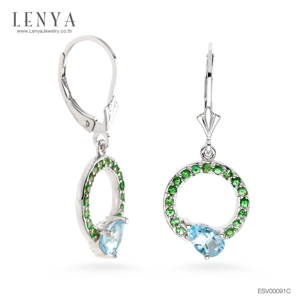LENYA ต่างหูพลอยบลูโทแพซ เสริมความมั่นใจ ชัดเจน ปัญญา ขนาด 6x4 มิล ตัวเรือนเงินแท้925 ชุบทองคำขาว