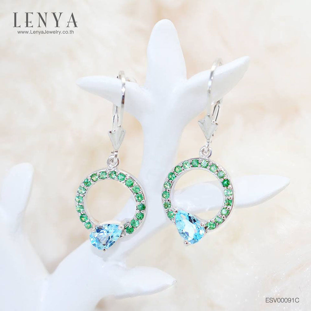 LENYA ต่างหูพลอยบลูโทแพซ เสริมความมั่นใจ ชัดเจน ปัญญา ขนาด 6x4 มิล ตัวเรือนเงินแท้925 ชุบทองคำขาว