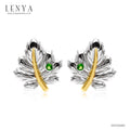 ต่างหู Lenya ดีไซน์ใบไม้ ประดับโครมไดออฟไซด์, ซาโวไรท์ (Tsavorite) และเพชร DiamondLike ตัวเรือนเงินแท้ชุบสีแบบทูโทน