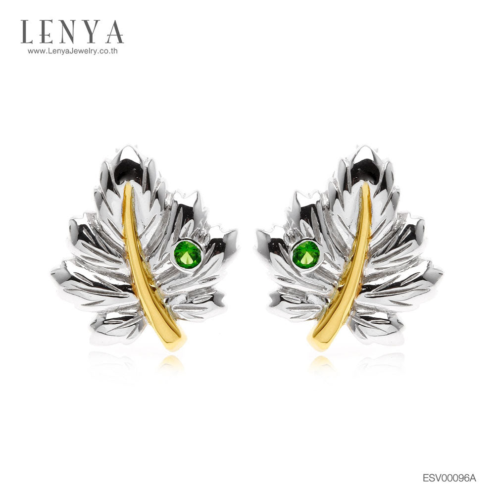 ต่างหู Lenya ดีไซน์ใบไม้ ประดับโครมไดออฟไซด์, ซาโวไรท์ (Tsavorite) และเพชร DiamondLike ตัวเรือนเงินแท้ชุบสีแบบทูโทน