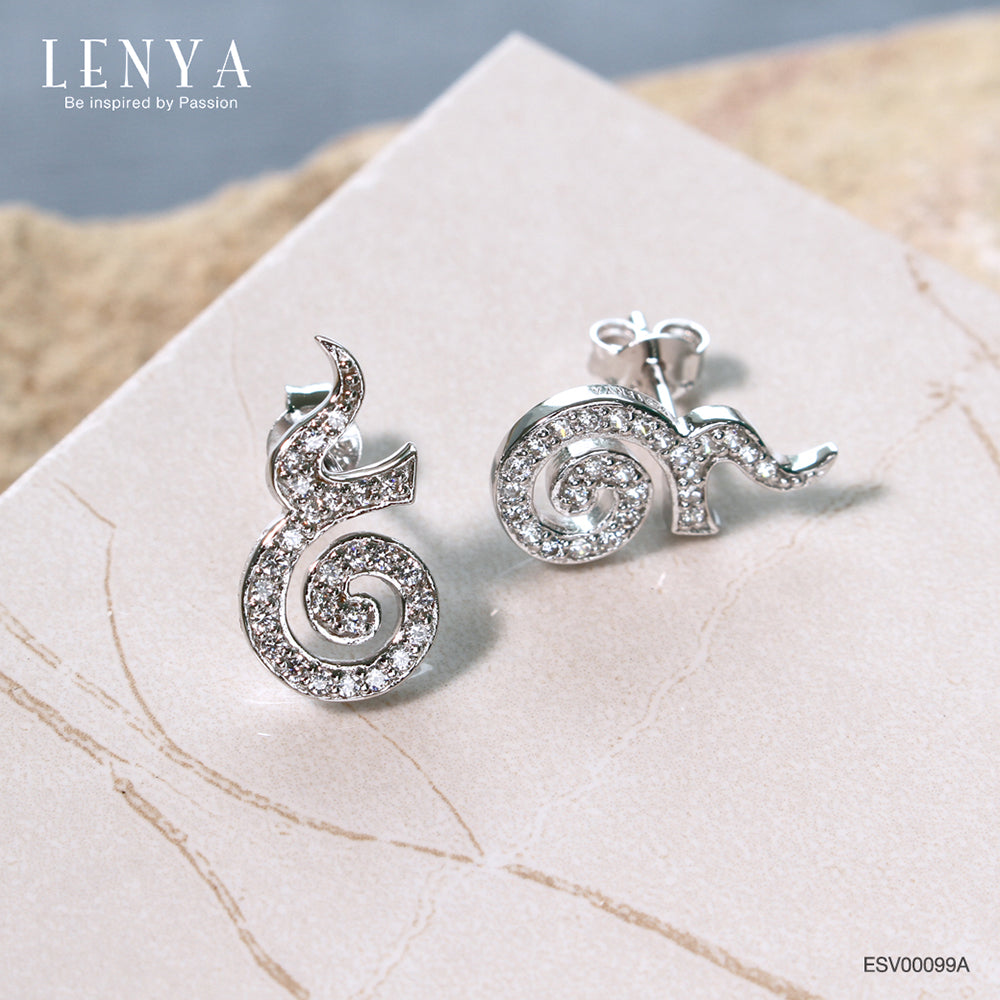 LENYA ต่างหู CZ DiamondLike ดีไซน์เลข๙ ก้าวหน้า ขนาด 1.25 มิล ตัวเรือนเงินแท้925 ชุบทองคำขาว