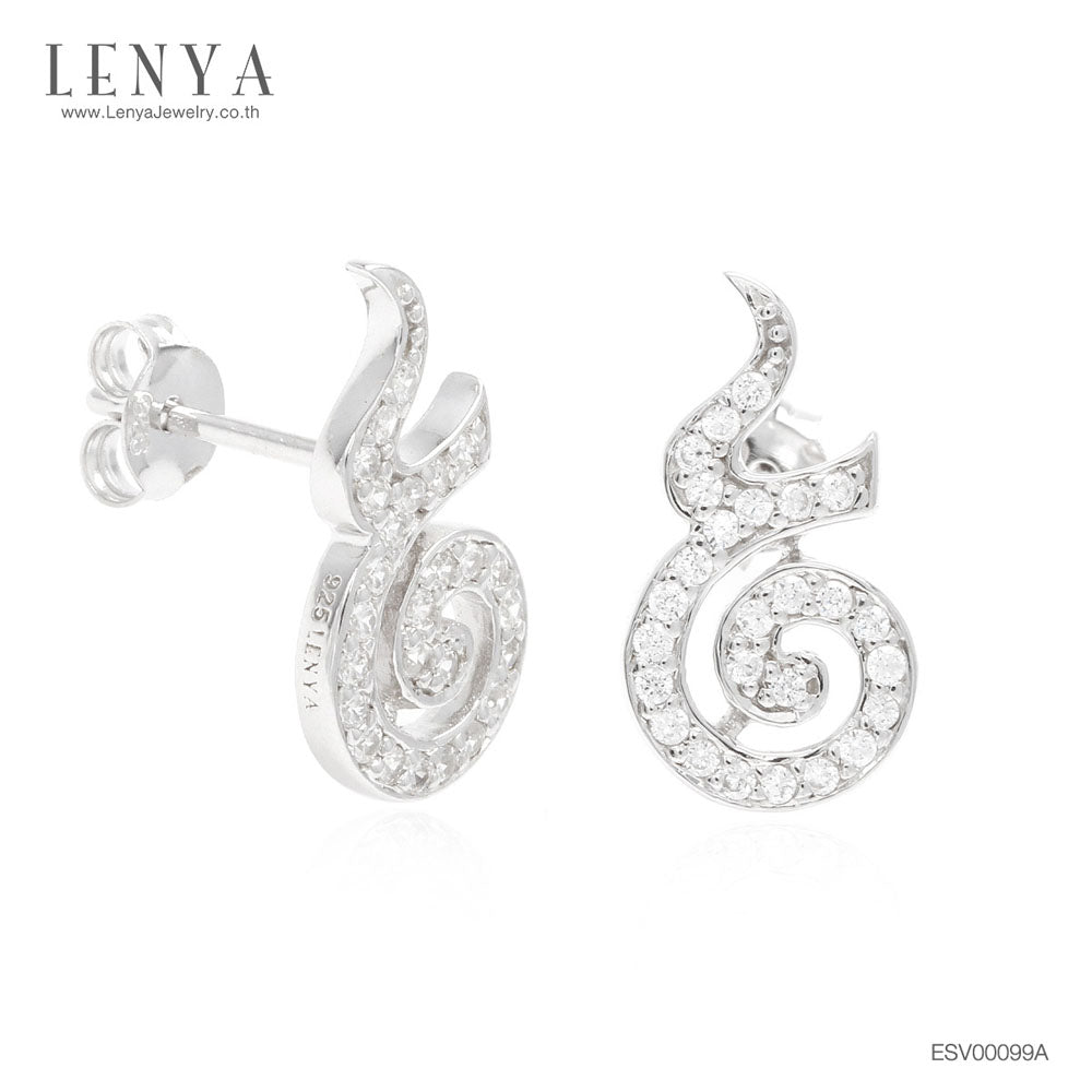 LENYA ต่างหู CZ DiamondLike ดีไซน์เลข๙ ก้าวหน้า ขนาด 1.25 มิล ตัวเรือนเงินแท้925 ชุบทองคำขาว