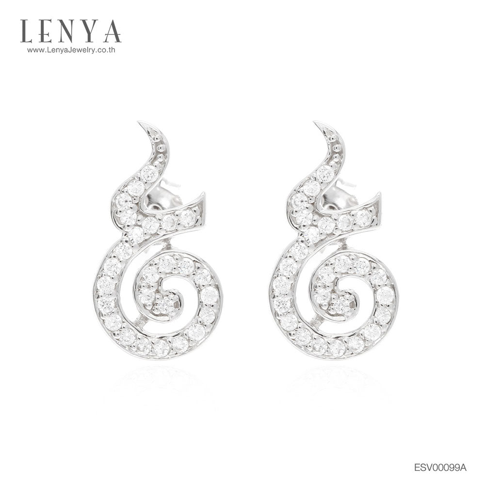 LENYA ต่างหู CZ DiamondLike ดีไซน์เลข๙ ก้าวหน้า ขนาด 1.25 มิล ตัวเรือนเงินแท้925 ชุบทองคำขาว