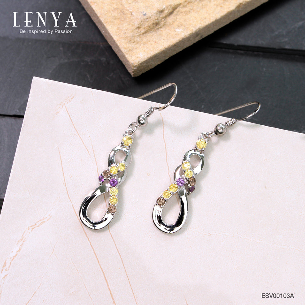 LENYA ต่างหูเงินแท้ 925 ชุบทองขาว ประดับด้วยพลอย อเมทิส(Amethyst) ซัฟไฟร์สีเหลือง(Yellow Sapphire) และ สโมคกี้ควอตซ์(Smoky Quartz)