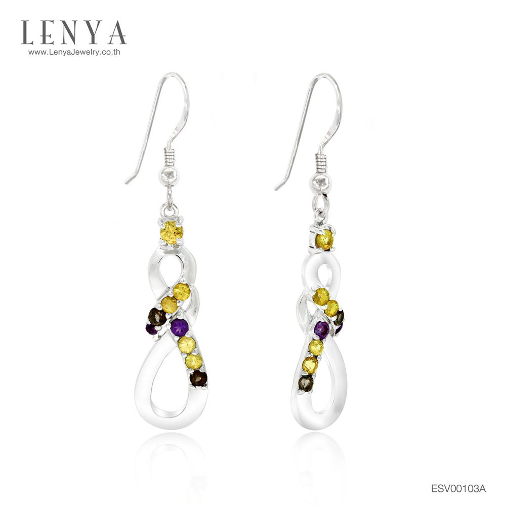 LENYA ต่างหูเงินแท้ 925 ชุบทองขาว ประดับด้วยพลอย อเมทิส(Amethyst) ซัฟไฟร์สีเหลือง(Yellow Sapphire) และ สโมคกี้ควอตซ์(Smoky Quartz)
