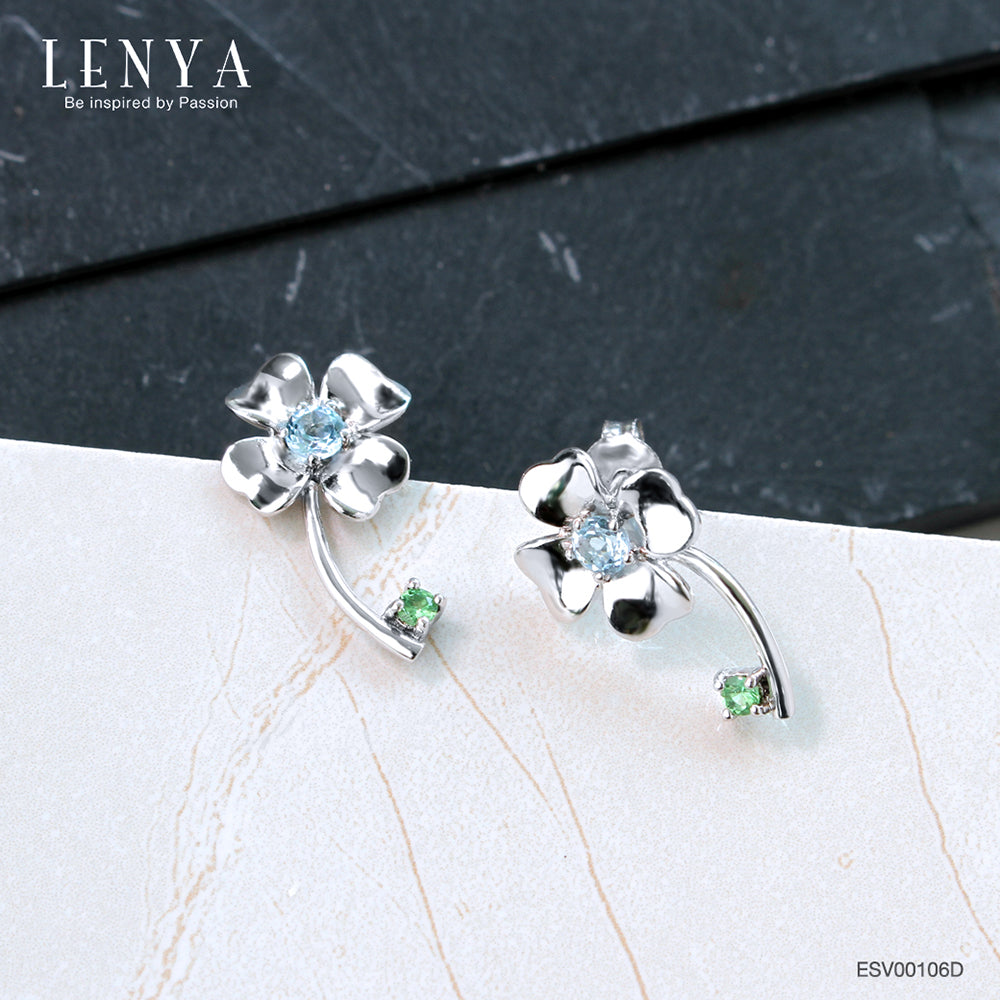 LENYA ต่างหูดอกไม้ ประดับบูลโทแพซและซาโวไรท์สีเขียวสด ตัวเรือนเงินแท้ ชุบทองคำขาว สวยงามกลมกลืนกับธรรมชาติ