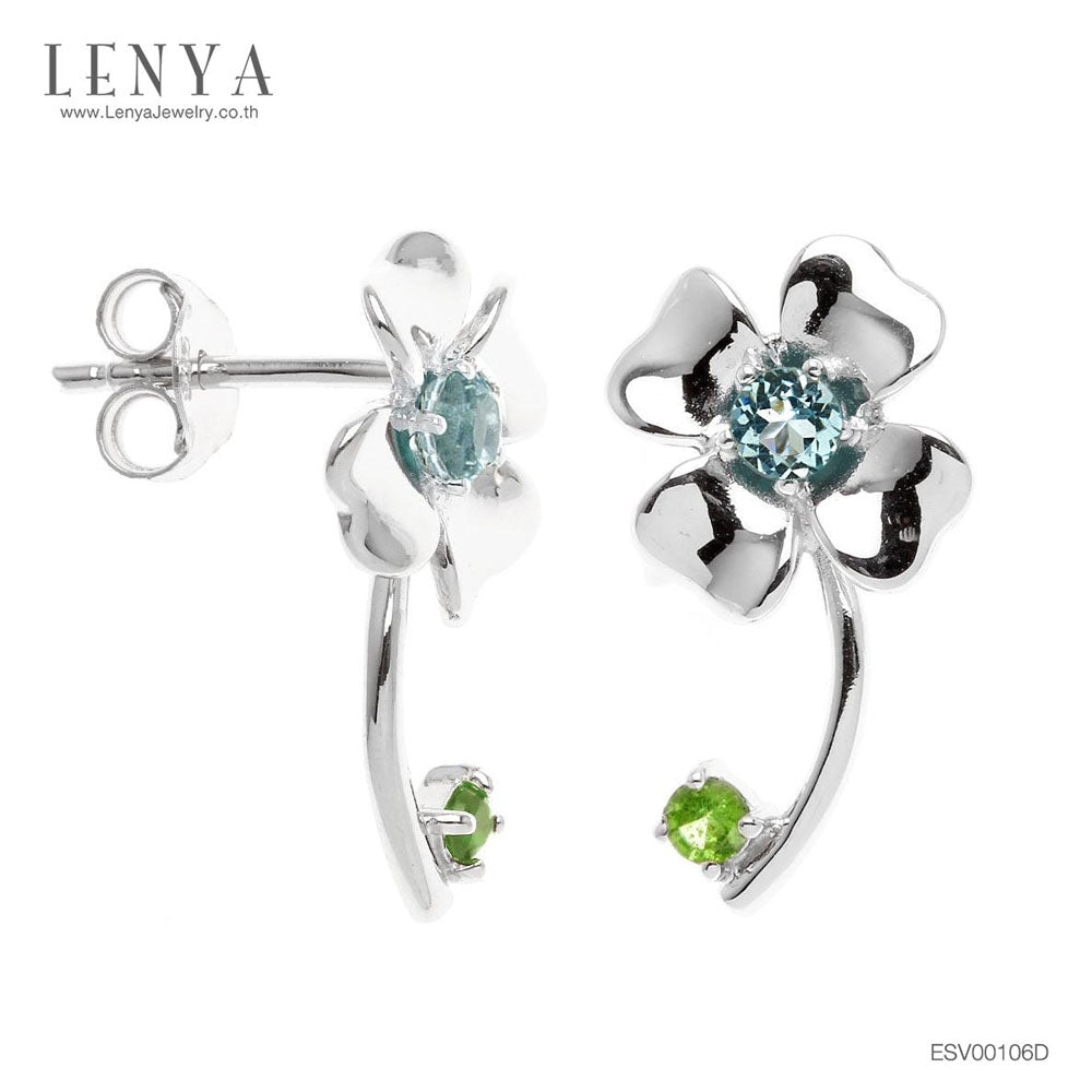 LENYA ต่างหูดอกไม้ ประดับบูลโทแพซและซาโวไรท์สีเขียวสด ตัวเรือนเงินแท้ ชุบทองคำขาว สวยงามกลมกลืนกับธรรมชาติ