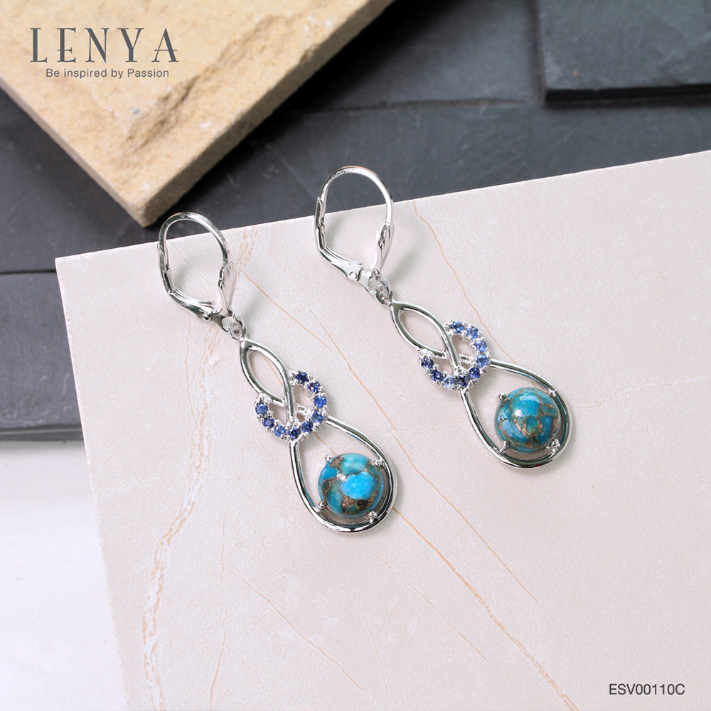LENYA ต่างหูพลอยเทอร์ควอยซ์(Turquoise) หลังเบี้ย ประดับด้วย ซัฟไฟร์สีฟ้า(Blue Sapphire) ดีไซน์ที่ไม่เหมือนใคร ตัวเรือนเงินแท้ 925 ชุบทองขาว