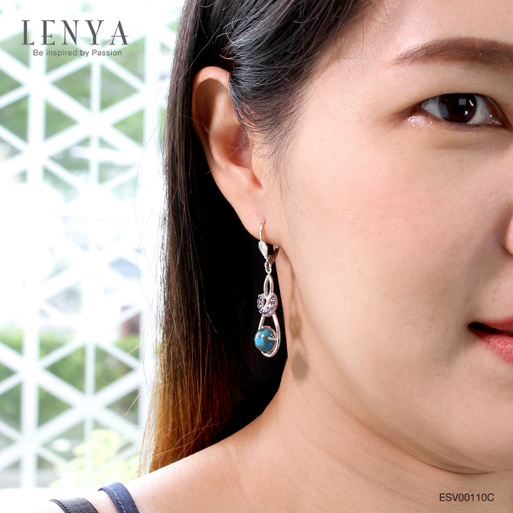 LENYA ต่างหูพลอยเทอร์ควอยซ์(Turquoise) หลังเบี้ย ประดับด้วย ซัฟไฟร์สีฟ้า(Blue Sapphire) ดีไซน์ที่ไม่เหมือนใคร ตัวเรือนเงินแท้ 925 ชุบทองขาว