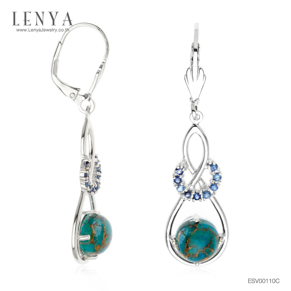 LENYA ต่างหูพลอยเทอร์ควอยซ์(Turquoise) หลังเบี้ย ประดับด้วย ซัฟไฟร์สีฟ้า(Blue Sapphire) ดีไซน์ที่ไม่เหมือนใคร ตัวเรือนเงินแท้ 925 ชุบทองขาว