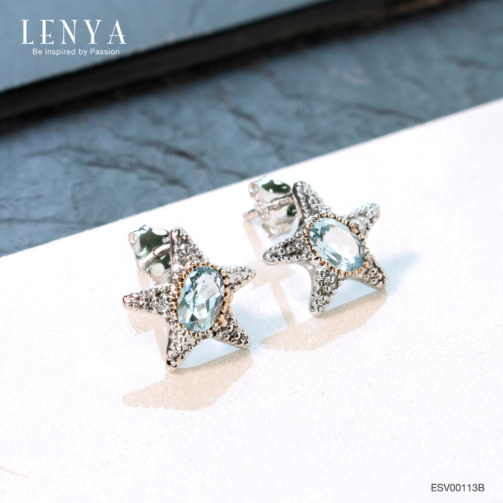 LENYA ต่างหูพลอยบลูโทแพซ เสริมความมั่นใจ ชัดเจน ปัญญา ขนาด 6x4 มิล ตัวเรือนเงินแท้925 ชุบทองคำขาว