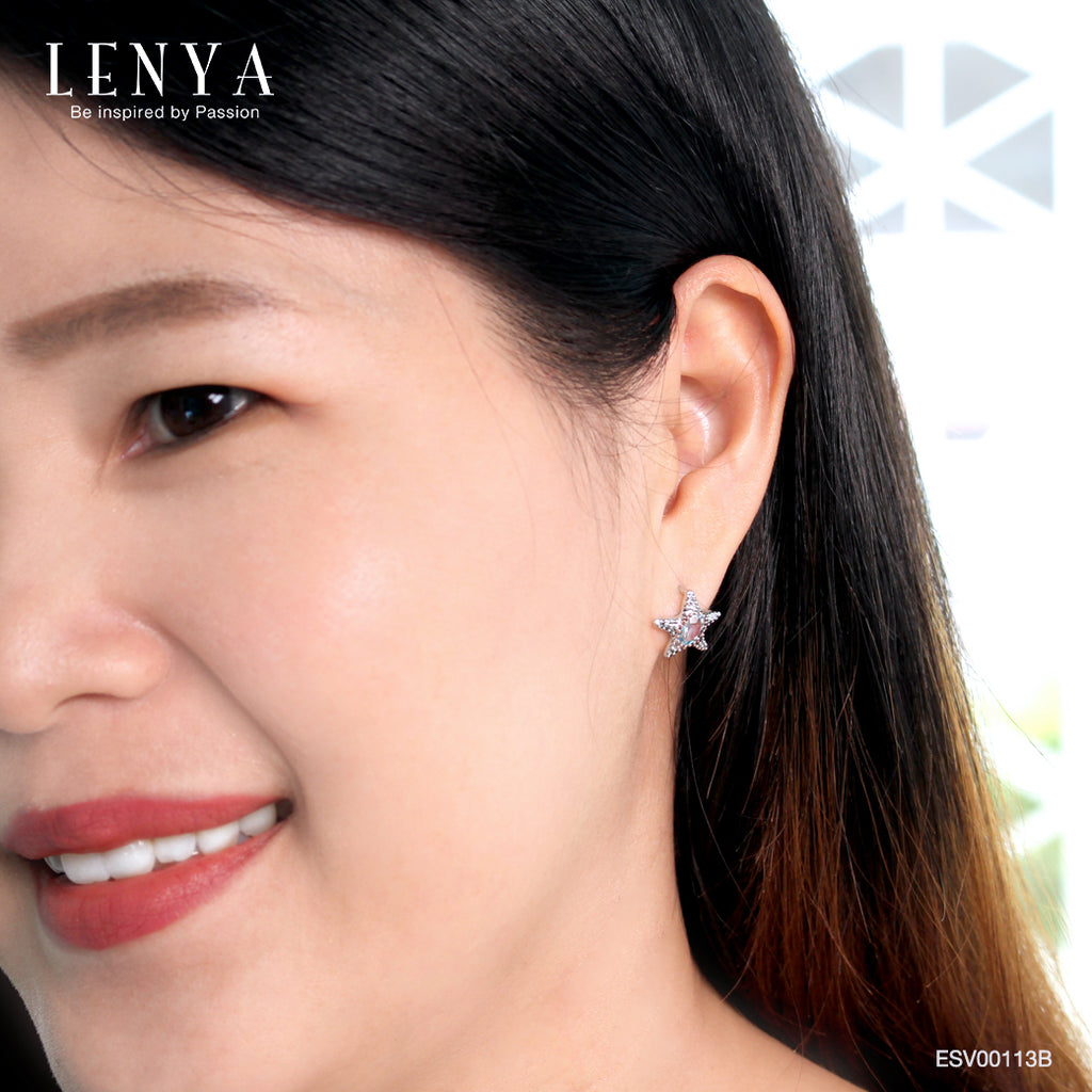 LENYA ต่างหูพลอยบลูโทแพซ เสริมความมั่นใจ ชัดเจน ปัญญา ขนาด 6x4 มิล ตัวเรือนเงินแท้925 ชุบทองคำขาว