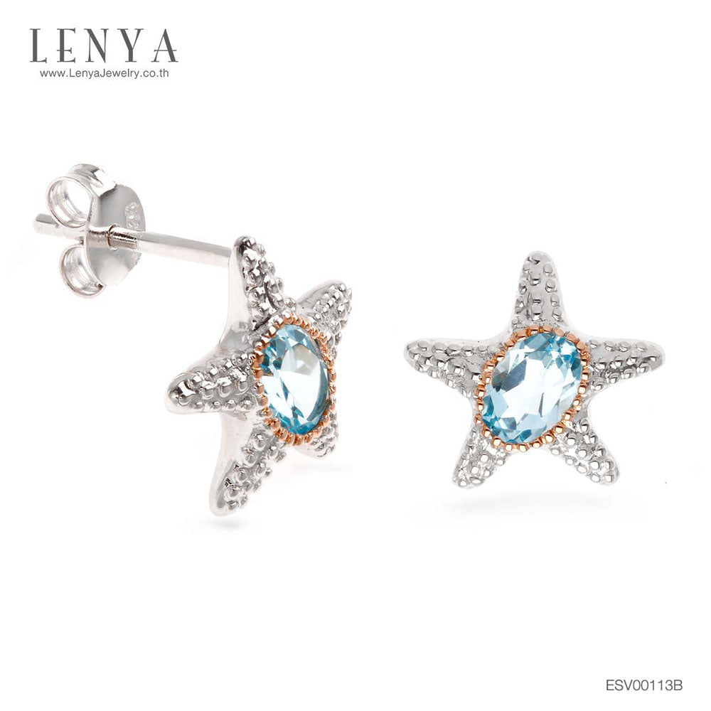 LENYA ต่างหูพลอยบลูโทแพซ เสริมความมั่นใจ ชัดเจน ปัญญา ขนาด 6x4 มิล ตัวเรือนเงินแท้925 ชุบทองคำขาว