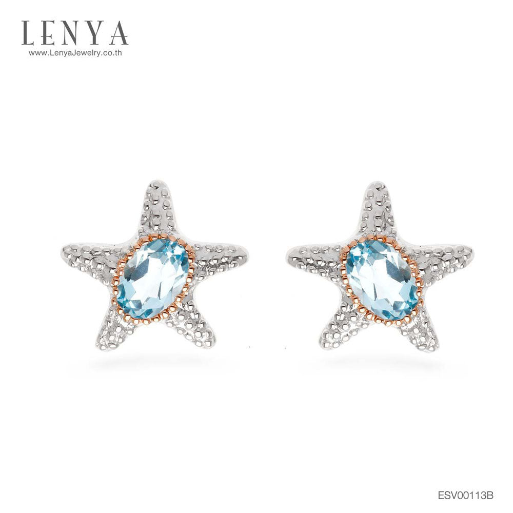 LENYA ต่างหูพลอยบลูโทแพซ เสริมความมั่นใจ ชัดเจน ปัญญา ขนาด 6x4 มิล ตัวเรือนเงินแท้925 ชุบทองคำขาว