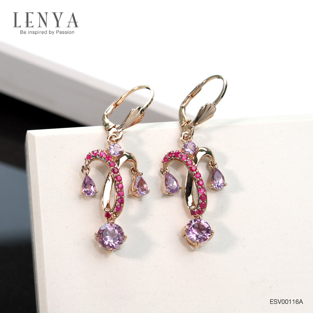 LENYA ต่างหูดีไซน์แชนเดอเลีย ประดับพลอยอะเมทิสต์(Amethyst) สีม่วง และ ทับทิม(Ruby) สีชมพู ตัวเรือนเงินแท้ชุบสีพิ้งค์โกลด์