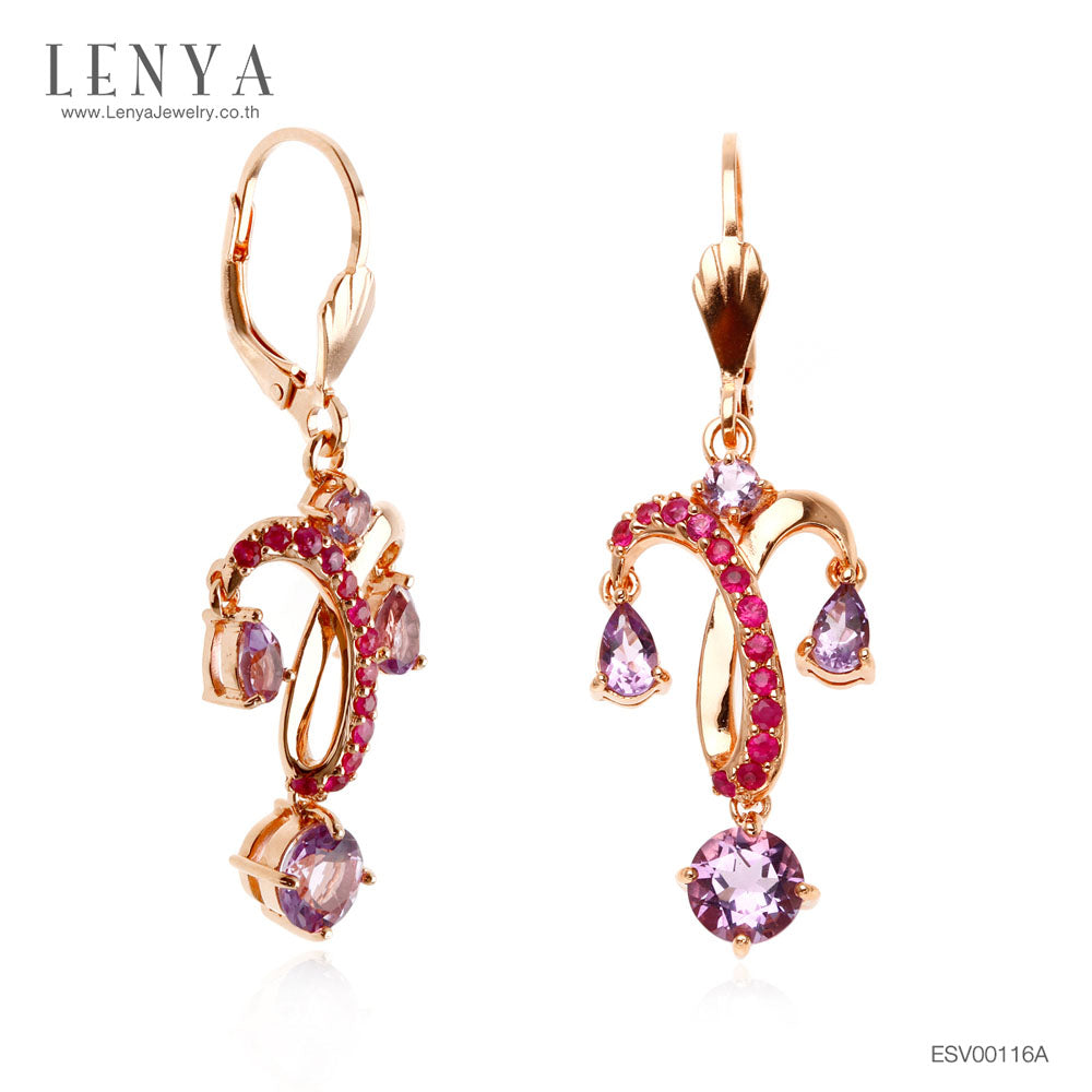 LENYA ต่างหูดีไซน์แชนเดอเลีย ประดับพลอยอะเมทิสต์(Amethyst) สีม่วง และ ทับทิม(Ruby) สีชมพู ตัวเรือนเงินแท้ชุบสีพิ้งค์โกลด์
