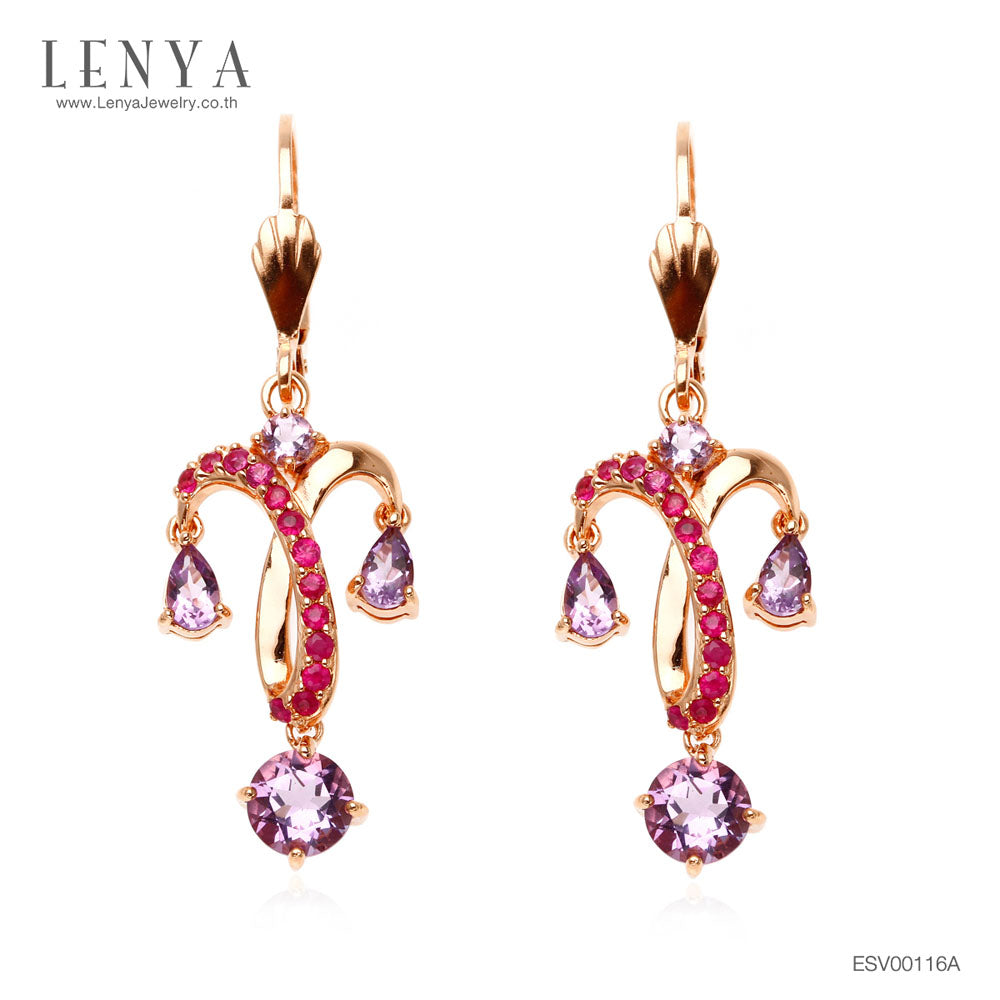 LENYA ต่างหูดีไซน์แชนเดอเลีย ประดับพลอยอะเมทิสต์(Amethyst) สีม่วง และ ทับทิม(Ruby) สีชมพู ตัวเรือนเงินแท้ชุบสีพิ้งค์โกลด์
