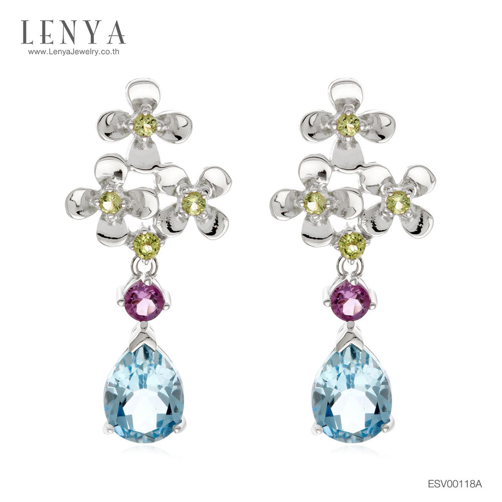 LENYA ต่างหูพลอยบลูโทแพซ เสริมความมั่นใจ ชัดเจน ปัญญา ขนาด 8x6 มิล ตัวเรือนเงินแท้925 ชุบทองคำขาว