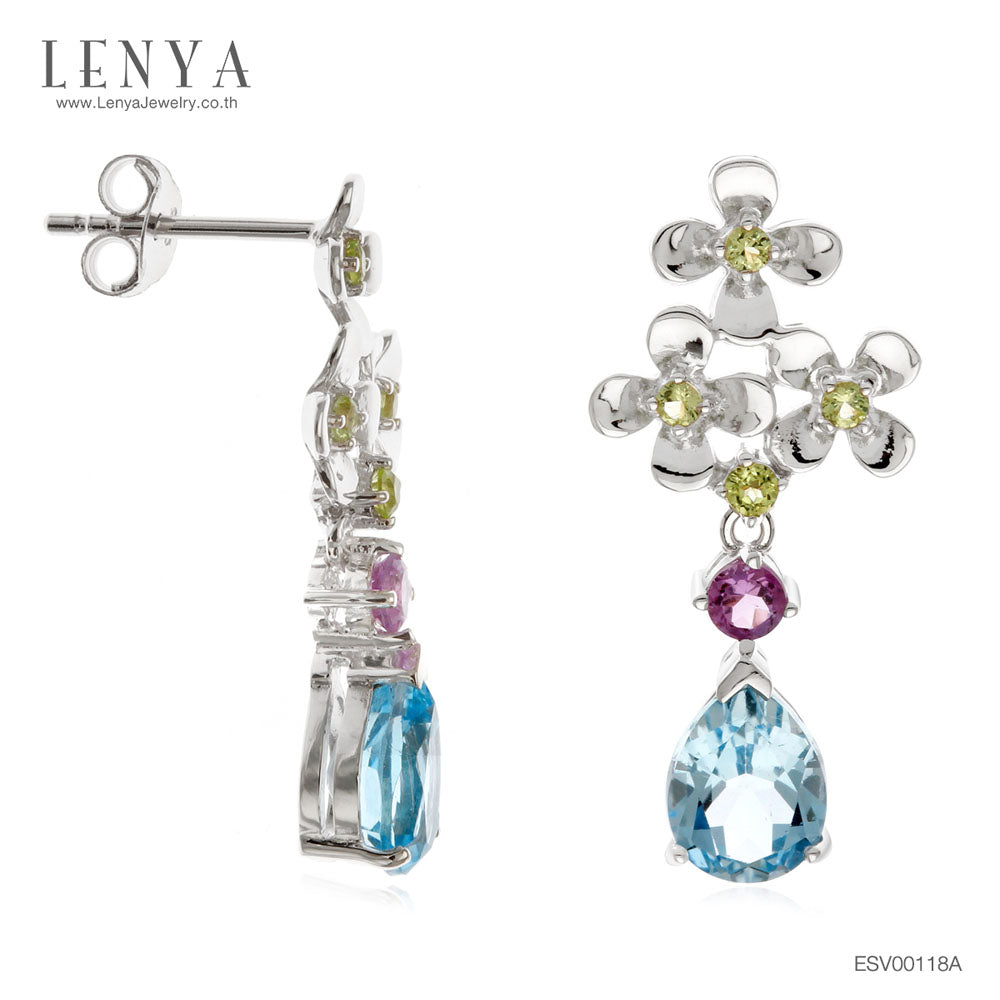 LENYA ต่างหูพลอยบลูโทแพซ เสริมความมั่นใจ ชัดเจน ปัญญา ขนาด 8x6 มิล ตัวเรือนเงินแท้925 ชุบทองคำขาว