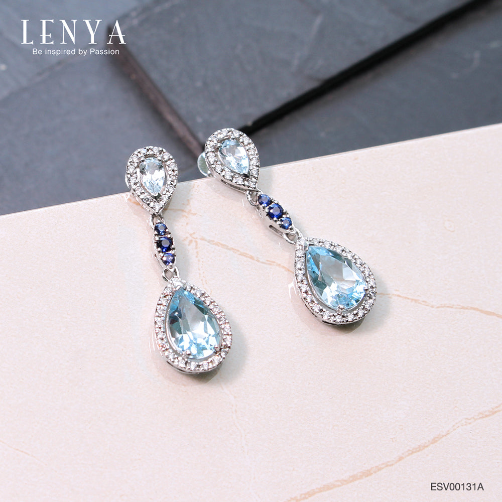 LENYA ต่างหูพลอยบลูโทแพซ เสริมความมั่นใจ ชัดเจน ปัญญา ขนาด 9x6 มิล ตัวเรือนเงินแท้925 ชุบทองคำขาว