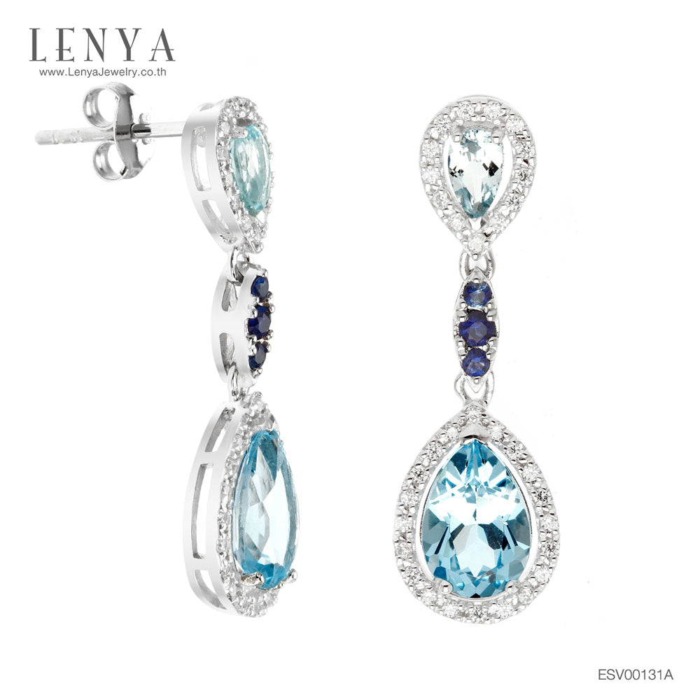 LENYA ต่างหูพลอยบลูโทแพซ เสริมความมั่นใจ ชัดเจน ปัญญา ขนาด 9x6 มิล ตัวเรือนเงินแท้925 ชุบทองคำขาว