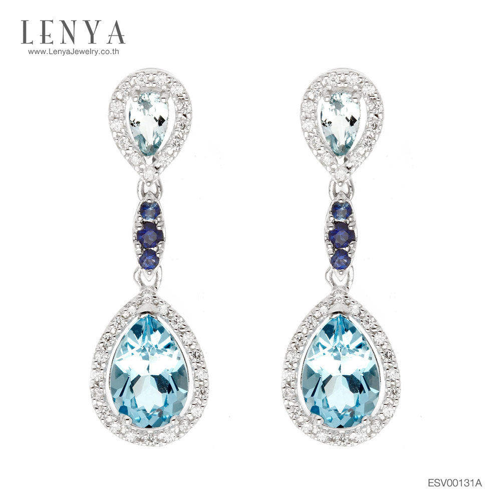 LENYA ต่างหูพลอยบลูโทแพซ เสริมความมั่นใจ ชัดเจน ปัญญา ขนาด 9x6 มิล ตัวเรือนเงินแท้925 ชุบทองคำขาว