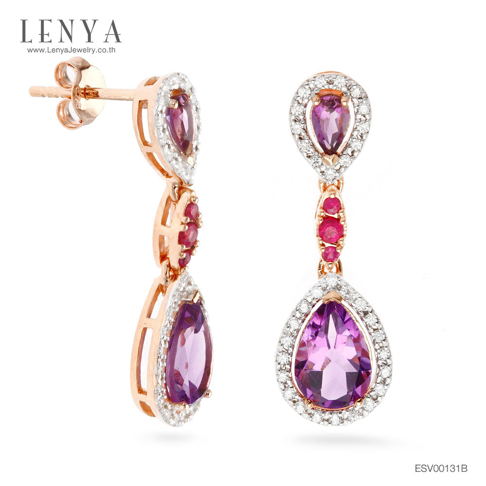 LENYA ต่างหูพลอยอเมทิสต์ เสริมความสงบใจ มีสติ มั่งคั่ง ขนาด 9x6 มิล ตัวเรือนเงินแท้925 ชุบพิงค์โกลด์