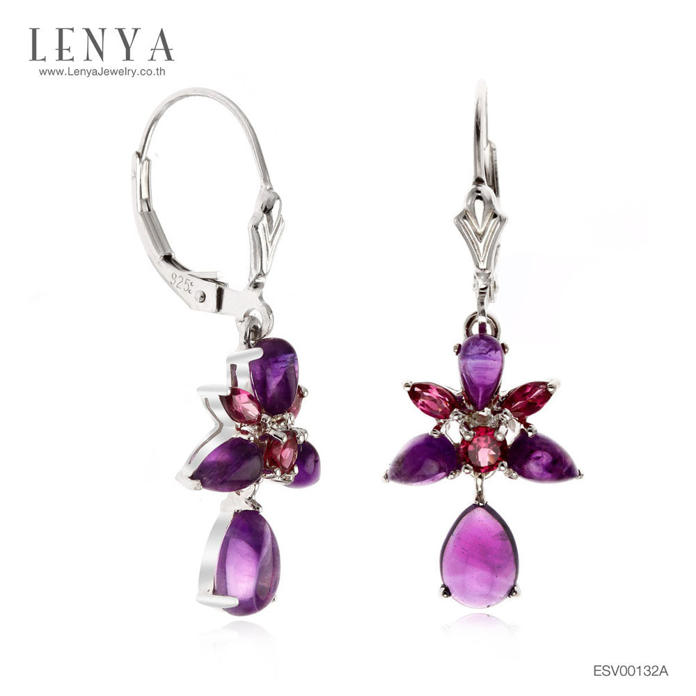LENYA ต่างหูเงินแท้ ประดับพลอย อเมทิสต์ (Amethyst) และ โรโดไลท์ (Rhodolite) เสริมให้ร่ำรวยอย่างมีสติ