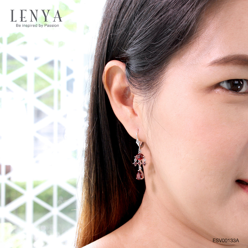 LENYA ต่างหูพลอยโกเมน เสริมด้านใจแกร่ง สำเร็จ มั่นคง ขนาด 7x5 มิล ตัวเรือนเงินแท้925 ชุบทองคำขาว