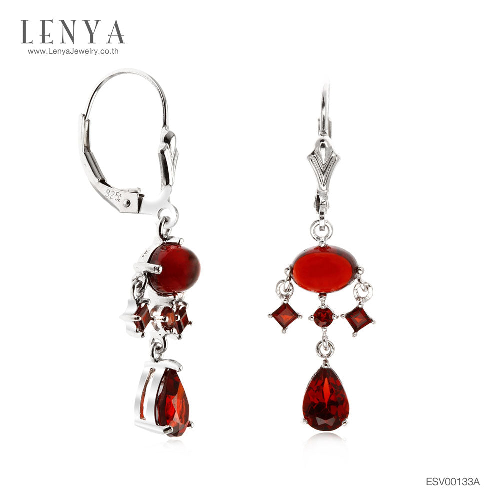 LENYA ต่างหูพลอยโกเมน เสริมด้านใจแกร่ง สำเร็จ มั่นคง ขนาด 7x5 มิล ตัวเรือนเงินแท้925 ชุบทองคำขาว