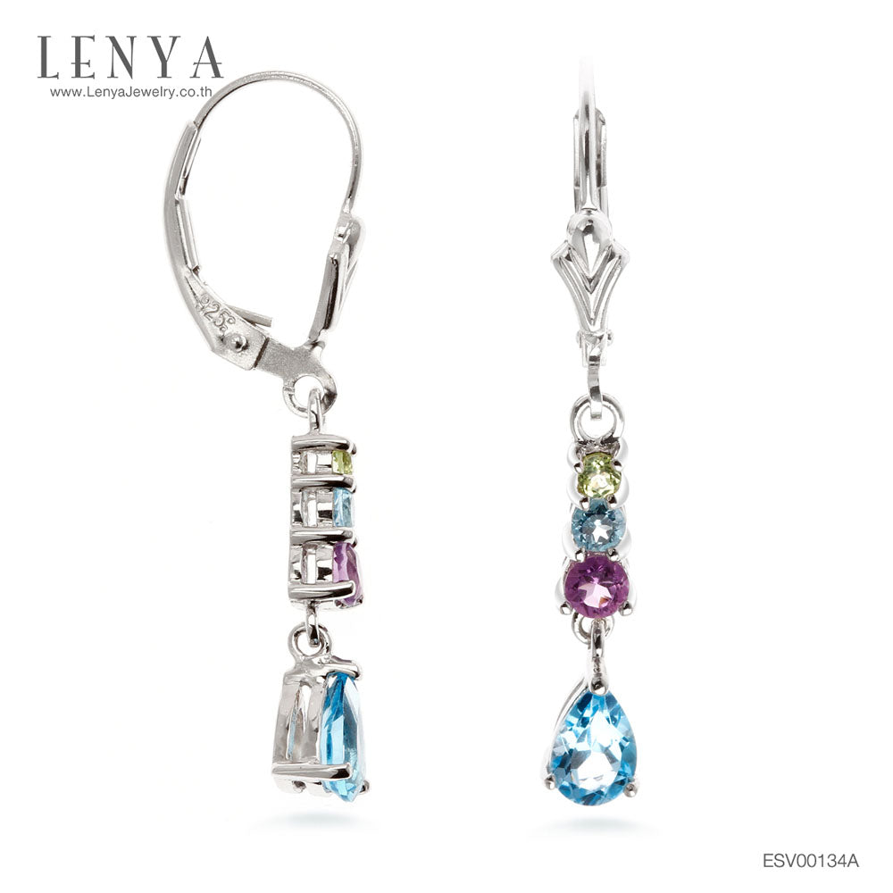 LENYA ต่างหูพลอยบลูโทแพซ เสริมความมั่นใจ ชัดเจน ปัญญา ขนาด 6x4 มิล ตัวเรือนเงินแท้925 ชุบทองคำขาว