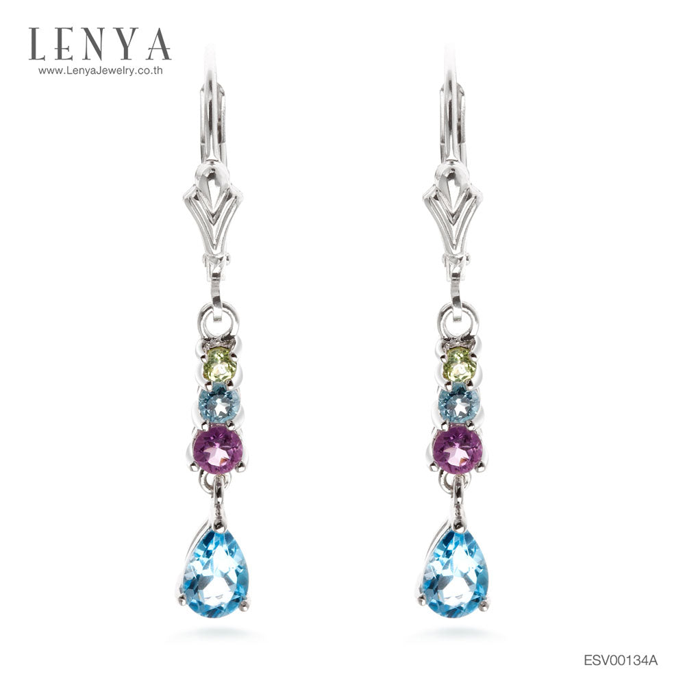 LENYA ต่างหูพลอยบลูโทแพซ เสริมความมั่นใจ ชัดเจน ปัญญา ขนาด 6x4 มิล ตัวเรือนเงินแท้925 ชุบทองคำขาว