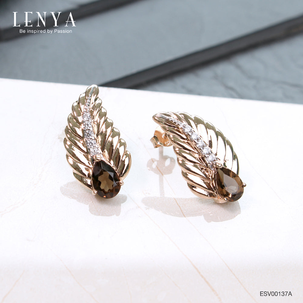 LENYA ต่างหูเงินแท้ 925 ดีไซน์ใบใม้สวยงาม ชุบทองพิ้งโกลด์ ประดับด้วยพลอย สโมคกี้ควอตซ์(Smoky Quartz) และ คิวบิกเซอร์โคเนีย (Cubic Zirconia) สีขาว