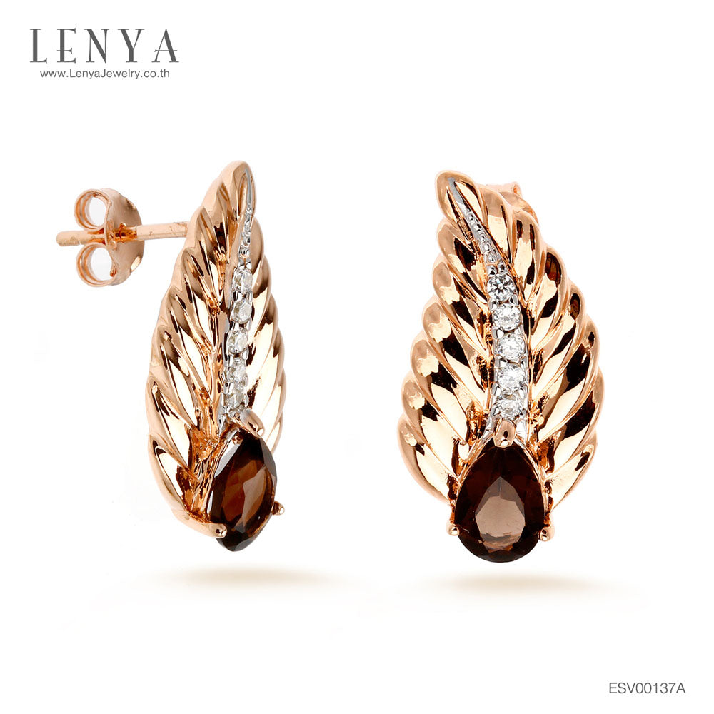 LENYA ต่างหูเงินแท้ 925 ดีไซน์ใบใม้สวยงาม ชุบทองพิ้งโกลด์ ประดับด้วยพลอย สโมคกี้ควอตซ์(Smoky Quartz) และ คิวบิกเซอร์โคเนีย (Cubic Zirconia) สีขาว