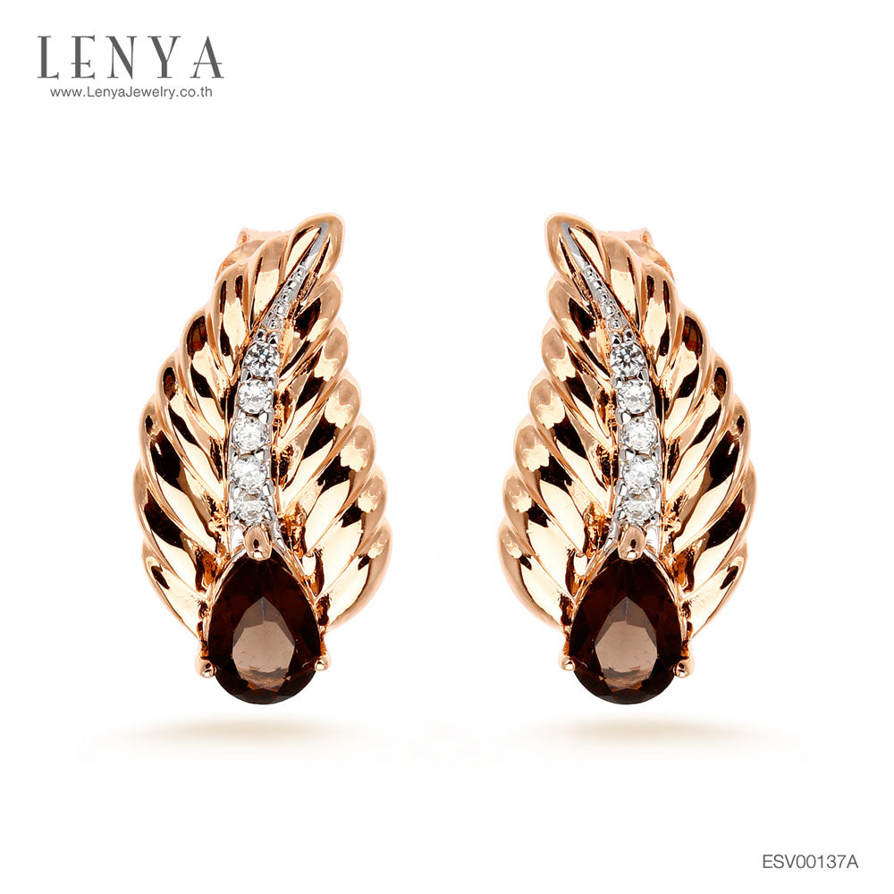 LENYA ต่างหูเงินแท้ 925 ดีไซน์ใบใม้สวยงาม ชุบทองพิ้งโกลด์ ประดับด้วยพลอย สโมคกี้ควอตซ์(Smoky Quartz) และ คิวบิกเซอร์โคเนีย (Cubic Zirconia) สีขาว