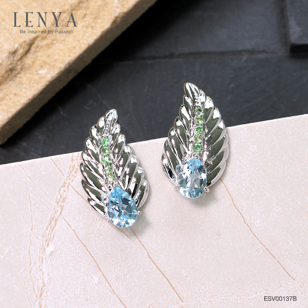 LENYA ต่างหูพลอยสีฟ้าบลูโทแพซ เสริมความมั่นใจ ชัดเจน ปัญญา ขนาด 7x5 มิล ต่างหูเงินแท้925 ชุบทองขาว
