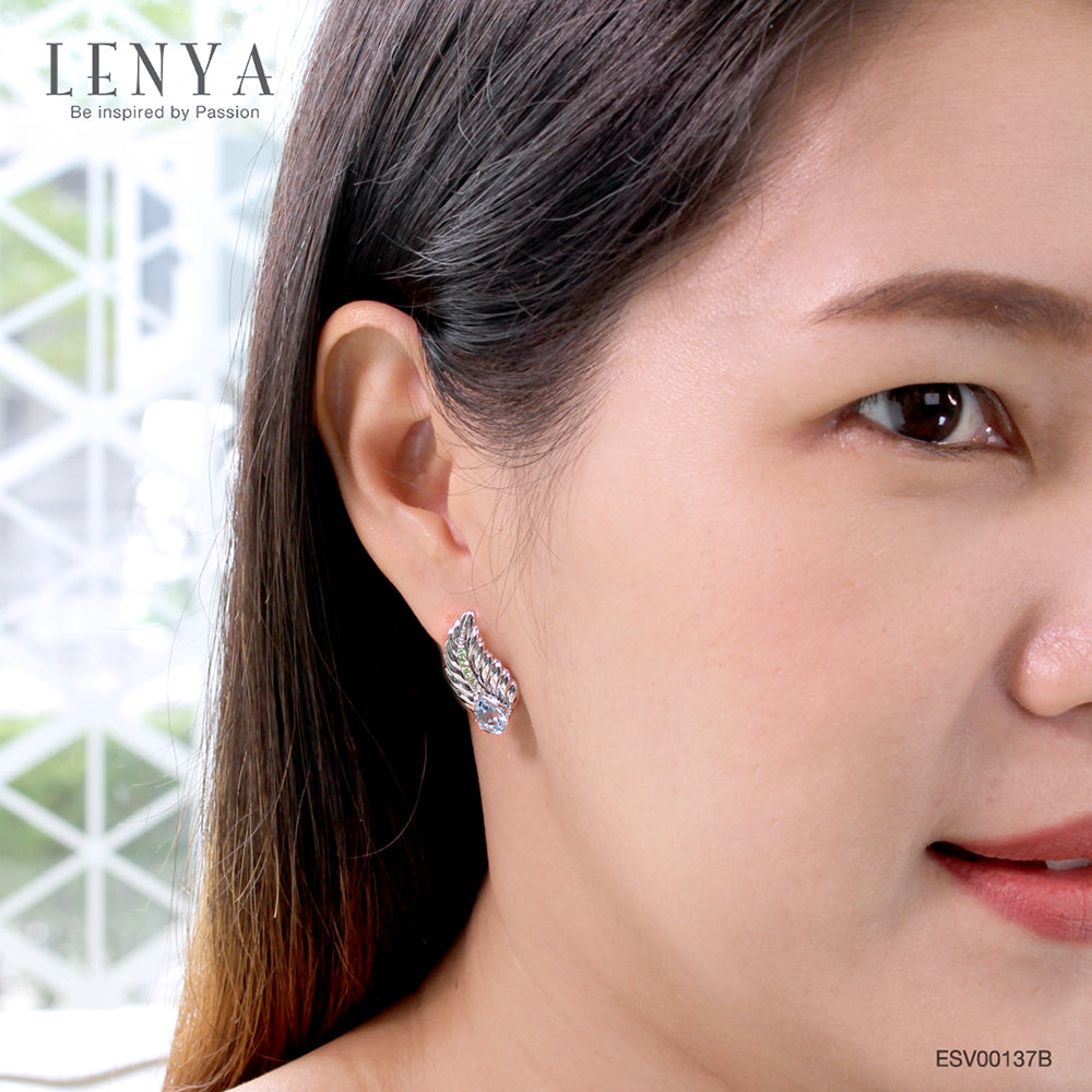 LENYA ต่างหูพลอยสีฟ้าบลูโทแพซ เสริมความมั่นใจ ชัดเจน ปัญญา ขนาด 7x5 มิล ต่างหูเงินแท้925 ชุบทองขาว
