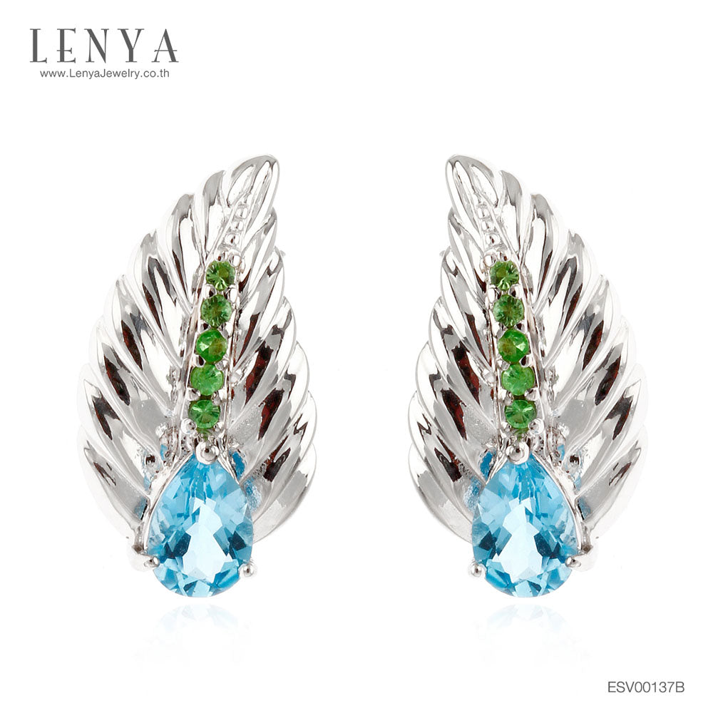 LENYA ต่างหูพลอยสีฟ้าบลูโทแพซ เสริมความมั่นใจ ชัดเจน ปัญญา ขนาด 7x5 มิล ต่างหูเงินแท้925 ชุบทองขาว