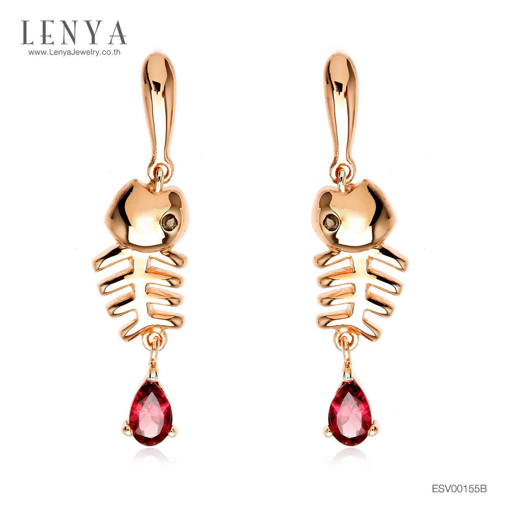 LENYA ต่างหูปลา โรโดไลท์ (Rhodolite) และตาสีเทาด้วย สโมคกี้ควอตซ์(Smoky Quartz) ตัวเรือนเงินแท้ 925 ชุบทองพิ้งค์โกลด์