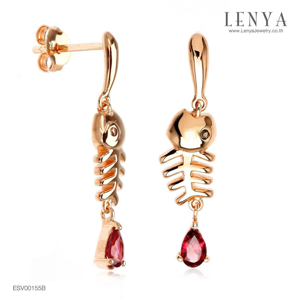 LENYA ต่างหูปลา โรโดไลท์ (Rhodolite) และตาสีเทาด้วย สโมคกี้ควอตซ์(Smoky Quartz) ตัวเรือนเงินแท้ 925 ชุบทองพิ้งค์โกลด์