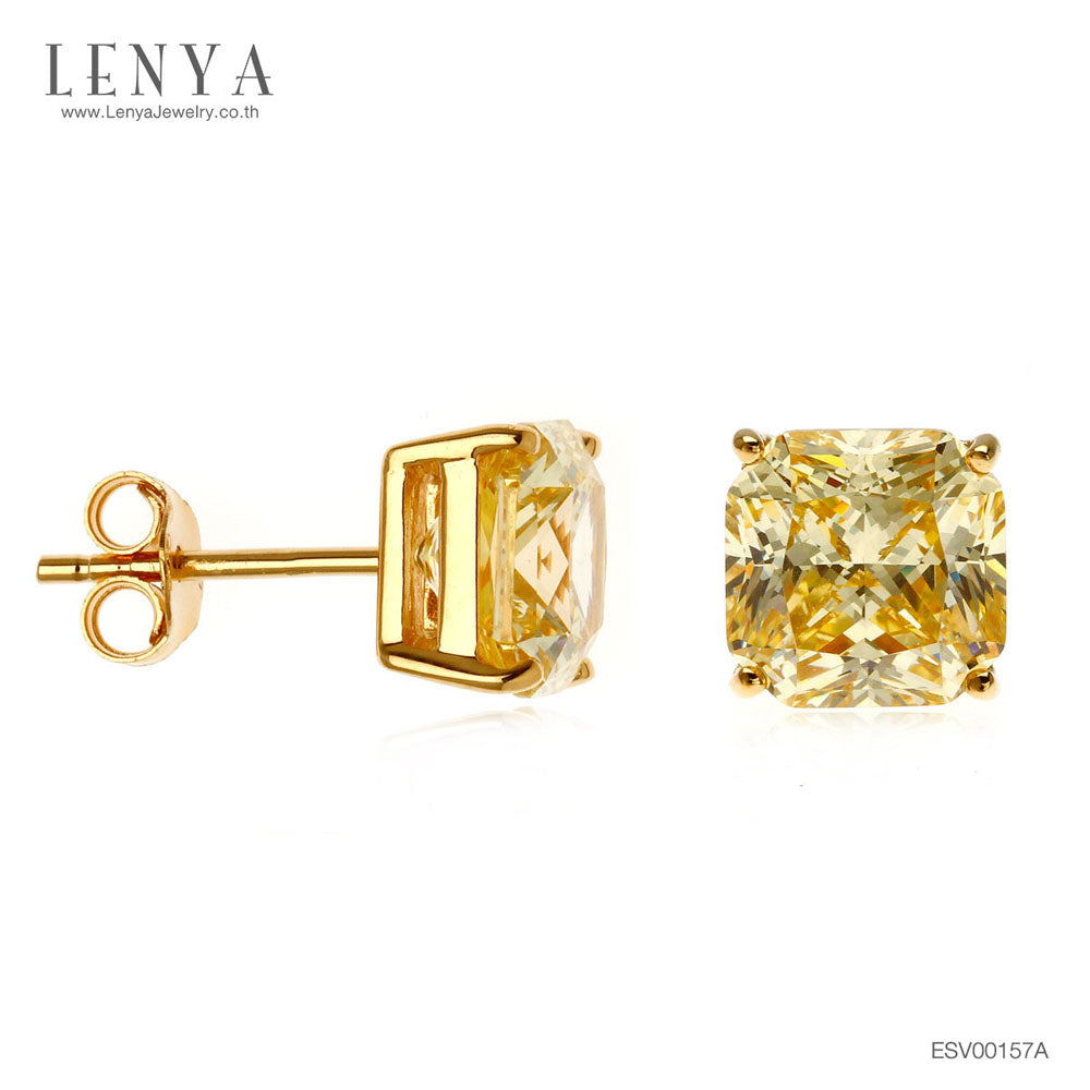 LENYA ต่างหูเงินแท้ 925 ตัวเรือนชุบทองคำ ประดับด้วย คิวบิกเซอร์โคเนีย (Cubic Zirconia) สีเหลืองเม็ดใหญ่ เพิ่มคุณค่าให้เครื่องประดับ ให้ดูเลอค่า