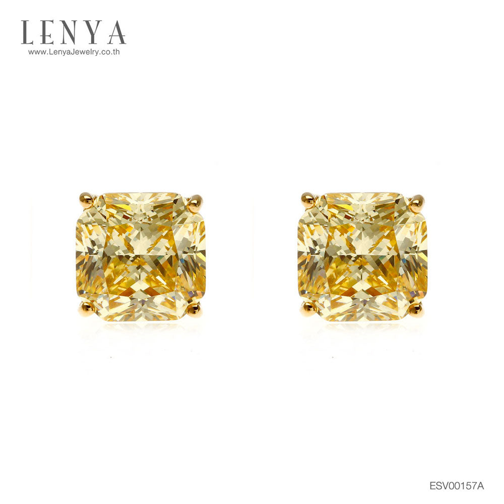 LENYA ต่างหูเงินแท้ 925 ตัวเรือนชุบทองคำ ประดับด้วย คิวบิกเซอร์โคเนีย (Cubic Zirconia) สีเหลืองเม็ดใหญ่ เพิ่มคุณค่าให้เครื่องประดับ ให้ดูเลอค่า
