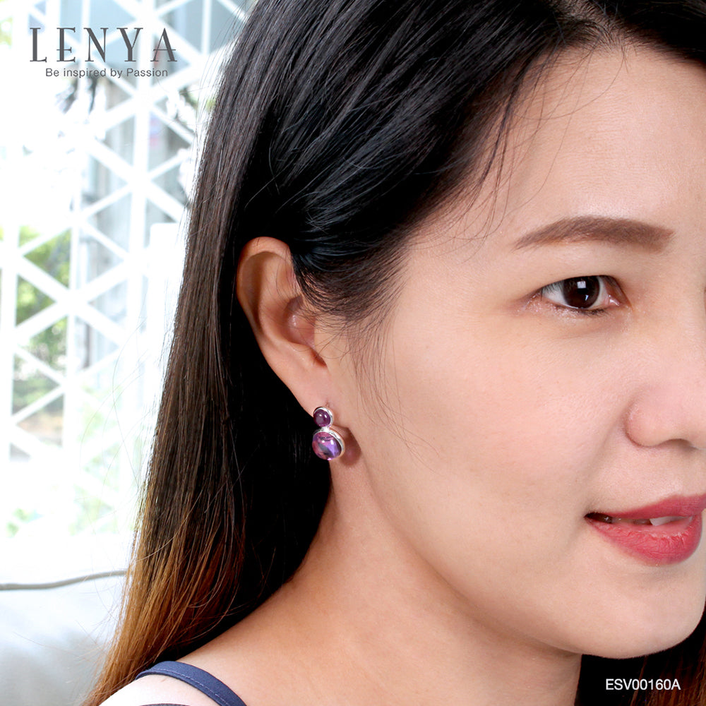 LENYA ต่างหูพลอยอเมทิสต์ เสริมความสงบใจ มีสติ ขนาด10 มิล ตัวเรือนเงินแท้925 ชุบทองคำขาว