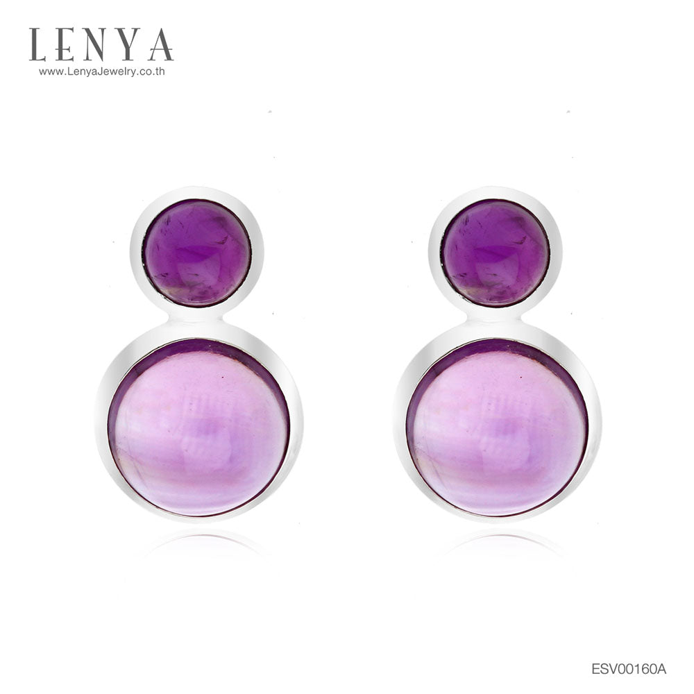LENYA ต่างหูพลอยอเมทิสต์ เสริมความสงบใจ มีสติ ขนาด10 มิล ตัวเรือนเงินแท้925 ชุบทองคำขาว