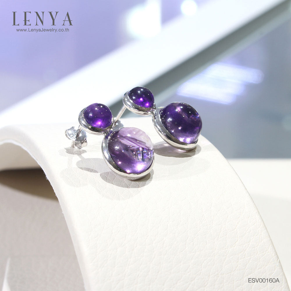 LENYA ต่างหูพลอยอเมทิสต์ เสริมความสงบใจ มีสติ ขนาด10 มิล ตัวเรือนเงินแท้925 ชุบทองคำขาว