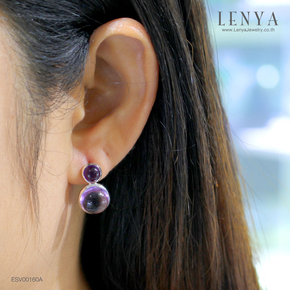 LENYA ต่างหูพลอยอเมทิสต์ เสริมความสงบใจ มีสติ ขนาด10 มิล ตัวเรือนเงินแท้925 ชุบทองคำขาว