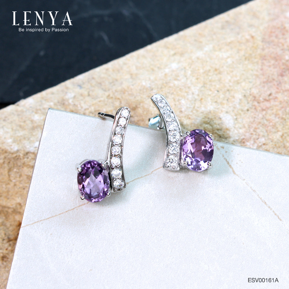 LENYA ต่างหูพลอยอเมทิสต์ เสริมความสงบใจ มีสติ มั่งคั่ง ขนาด 7x5 มิล ตัวเรือนเงินแท้925 ชุบทองคำขาว
